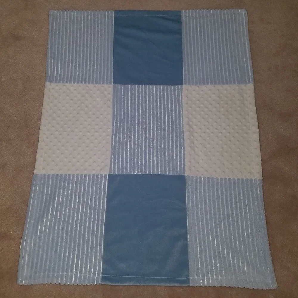 Hobby Lobby Blue White Patchwork Fleece Baby Blanket Lovey Minky Dot Stripes